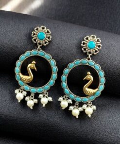 Alternative view of Traditional Two-Tone Bird Earrings | Circle Dangler Ethnic Jewelry with Stone & Pearl Work Perfect Gift For Her