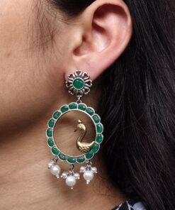 Traditional Two-Tone Bird Earrings | Circle Dangler Ethnic Jewelry with Stone & Pearl Work Perfect Gift For Her