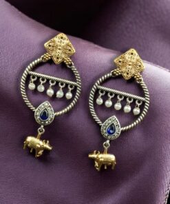 Alternative view of Ethnic Nandi Dangler Earrings | Two-Tone Circle Design with Stone & Pearl Work Unique Jewelry