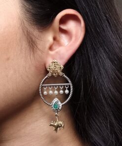 Ethnic Nandi Dangler Earrings | Two-Tone Circle Design with Stone & Pearl Work Unique Jewelry