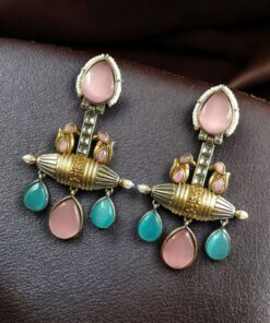 Alternative view of Designer Two-Tone Dangler Earrings | Monalisa Stone Lightweight Long Pearl Work Beautiful Jewelry