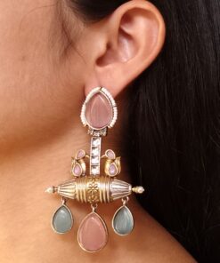 Designer Two-Tone Dangler Earrings | Monalisa Stone Lightweight Long Pearl Work Beautiful Jewelry