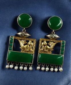 Alternative view of Designer Beautiful Two-Tone Peacock Earrings | Monalisa Stone & Pearl Work Dangler Jewelry