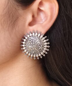 Handcrafted Oxidized Best Floral Art Round Stud Earrings | Silver Replica Ethnic Jewelry
