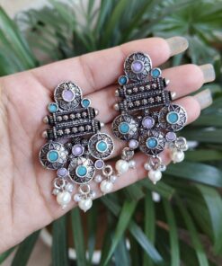 Alternative view of Elegant Flower Design Earrings | German Silver Pearl & Stone Work Perfect Jewelry for Women