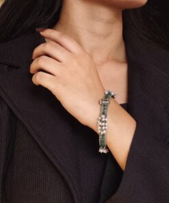 Antique Look Best Silver Replica Bangle | Openable Stone & Pearl Work Ethnic Jewelry