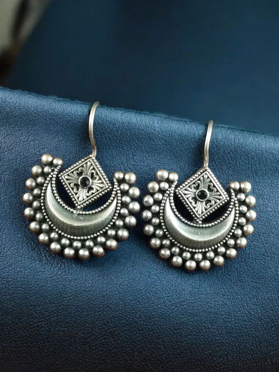 Traditional Half Moon Earrings | Silver Replica Oxidized Amazing Hook Earring for Women - Image 4