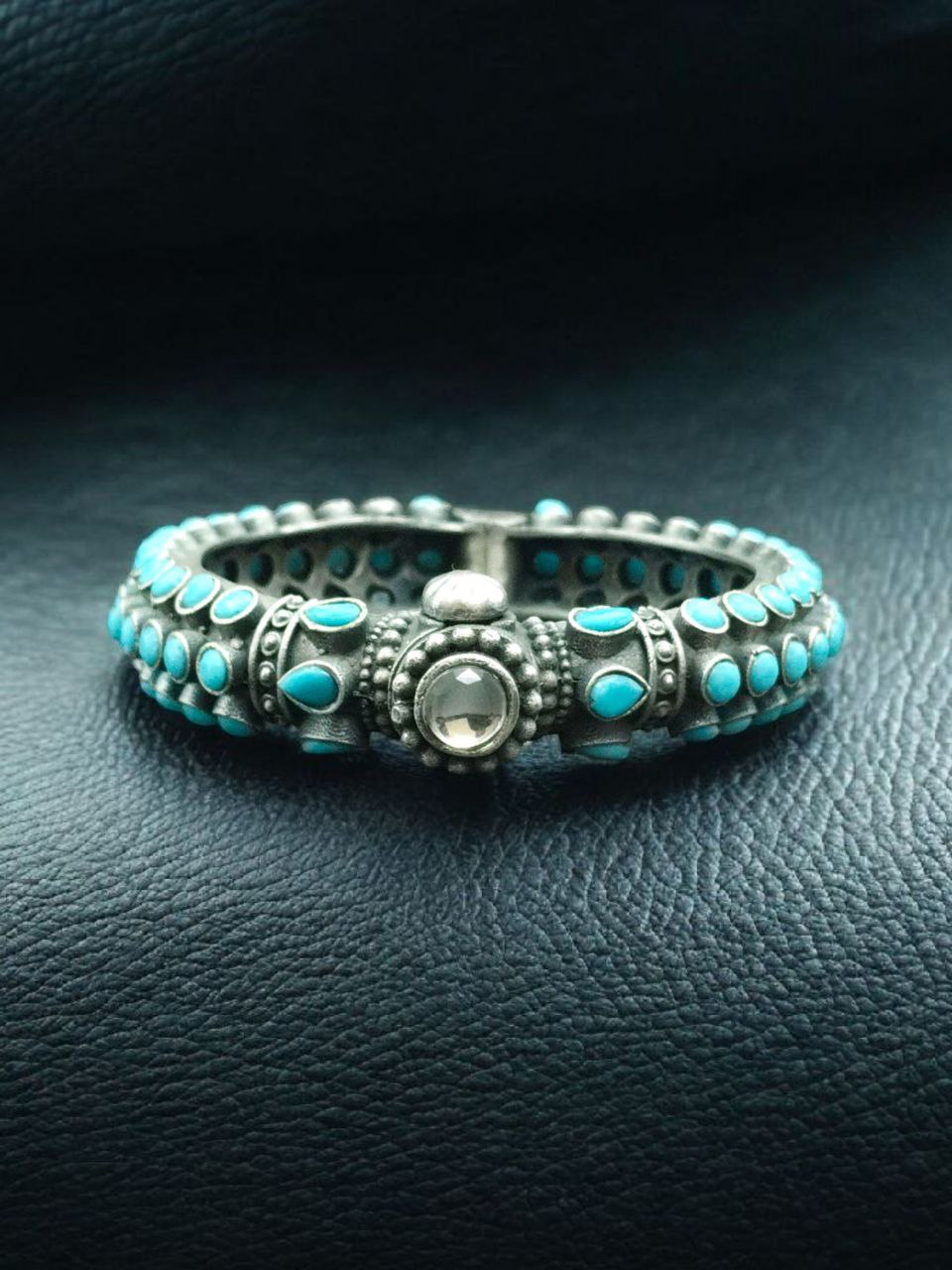 Stone Work Oxidised Silver Replica Bangles | Free Size Openable Bracelet - Image 7