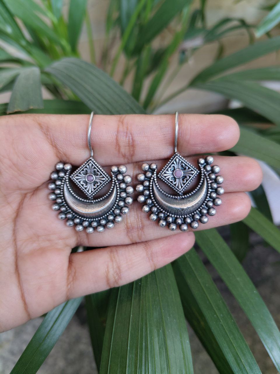 Traditional Half Moon Earrings | Silver Replica Oxidized Amazing Hook Earring for Women - Image 8