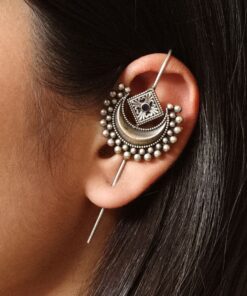 Designer Half Moon Oxidized Earcuff | Silver Replica Ethnic Stone Perfect Jewelry for Girls