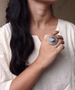 Adjustable Floral Art Pearl Work Ring | Oxidized Silver Replica Ethnic Perfect Jewelry for Women