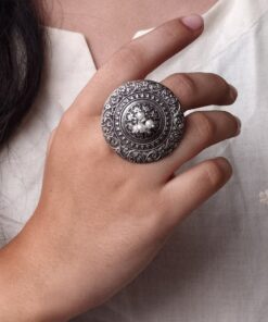 Alternative view of Adjustable Floral Art Pearl Work Ring | Oxidized Silver Replica Ethnic Perfect Jewelry for Women