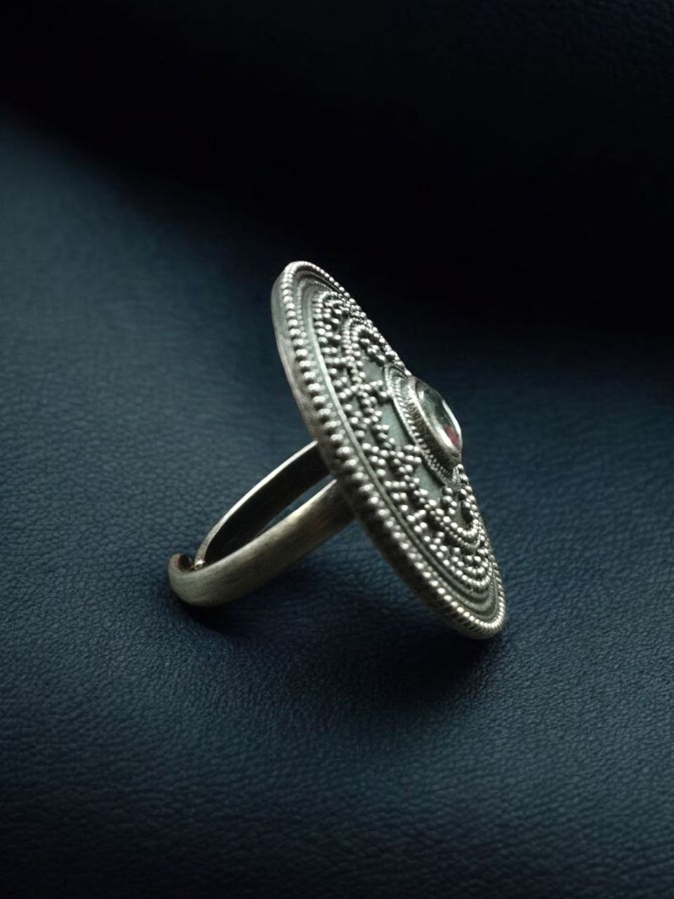Handcrafted Stone Adjustable Ring | Best Oxidized Silver Replica Ethnic Wear - Image 3