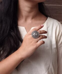 Handcrafted Stone Adjustable Ring | Best Oxidized Silver Replica Ethnic Wear