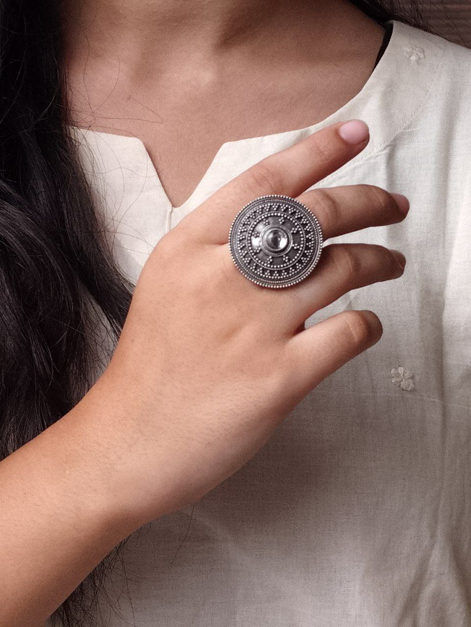 Handcrafted Stone Adjustable Ring | Best Oxidized Silver Replica Ethnic Wear - Image 7