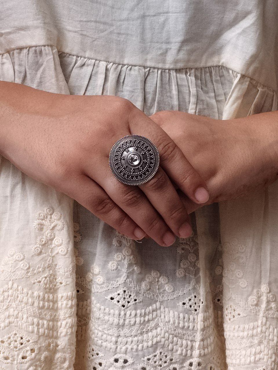 Handcrafted Stone Adjustable Ring | Best Oxidized Silver Replica Ethnic Wear - Image 4