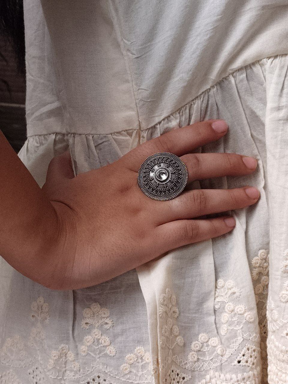 Handcrafted Stone Adjustable Ring | Best Oxidized Silver Replica Ethnic Wear - Image 2