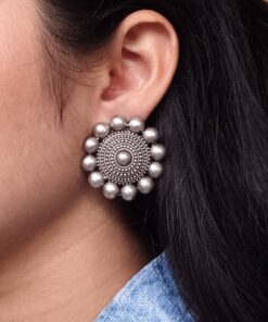 Silver Look Alike Round Stud Earrings | Lightweight Oxidized Daily Use Perfect Earring For Girls