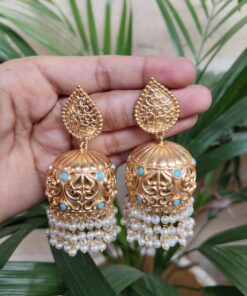 Alternative view of Traditional Floral Art Gold Plated Jhumka Earrings | Stone & Pearl Detailing Unique Dangler Jewelry For Women