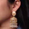 Traditional Floral Art Gold Plated Jhumka Earrings | Stone & Pearl Detailing Unique Dangler Jewelry For Women