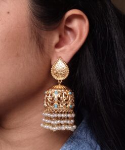 Traditional Floral Art Gold Plated Jhumka Earrings | Stone & Pearl Detailing Unique Dangler Jewelry For Women