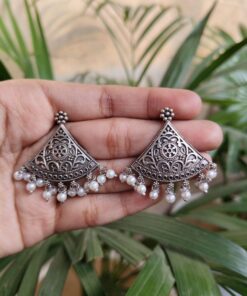 Alternative view of Antique Silver Look Like Designer Tringle Floral Art Stud Earrings For Girls