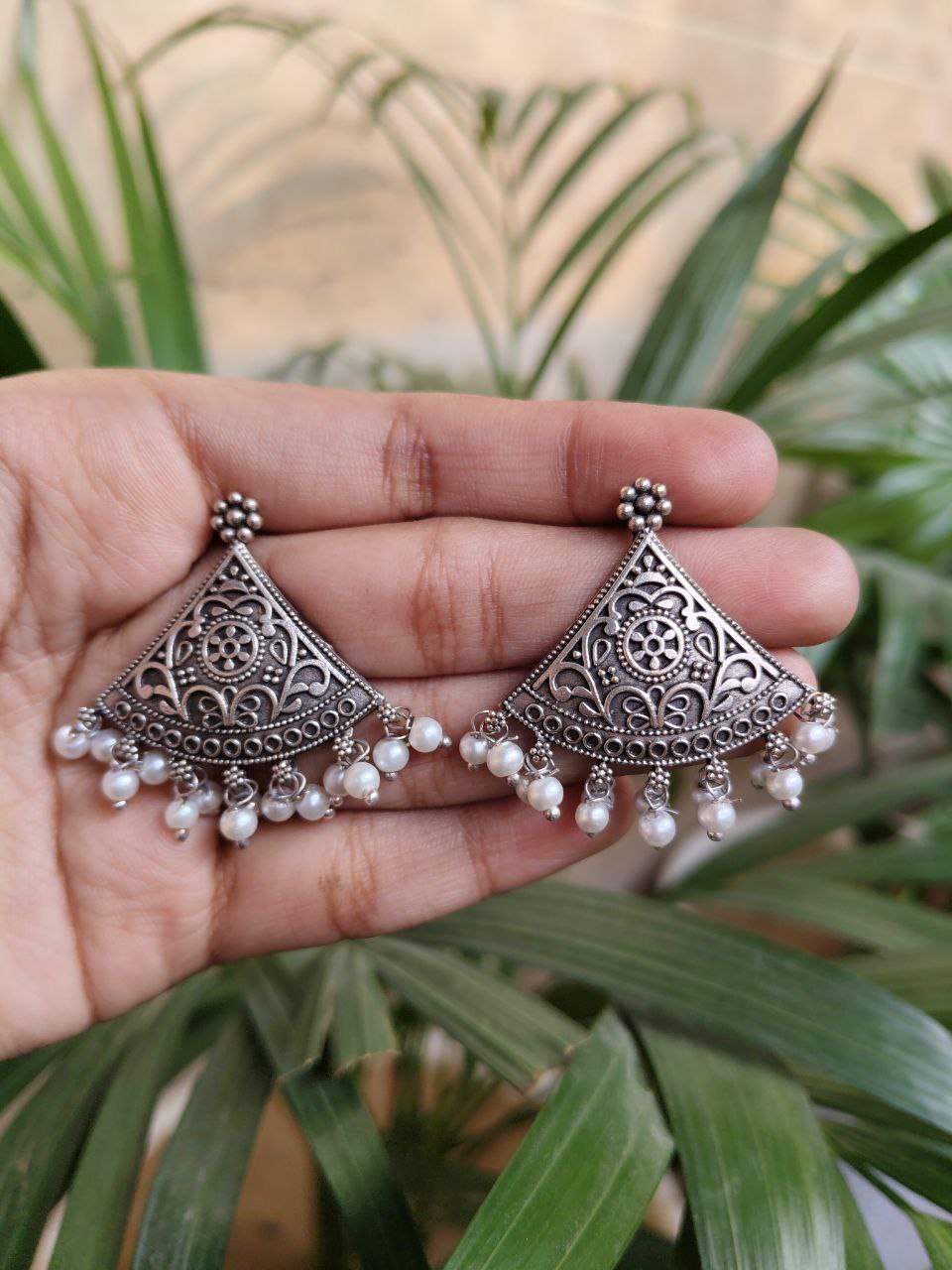 Antique Silver Look Like Designer Tringle Floral Art Stud Earrings For Girls - Image 2