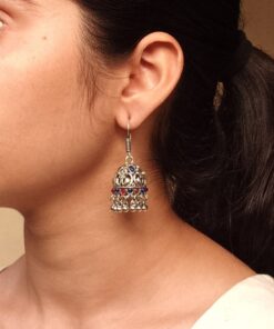 Traditional Peacock Jhumki Earrings | Oxidized German Silver Stone & Ghungroo Dangler Best Hook Jewelry