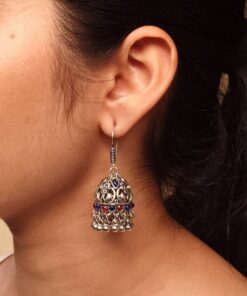 Alternative view of Traditional Peacock Jhumki Earrings | Oxidized German Silver Stone & Ghungroo Dangler Best Hook Jewelry