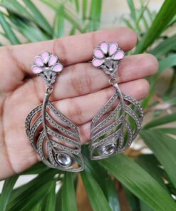 Alternative view of Oxidized Peacock Feather Earrings | Silver Replica Stylish Dangler Unique Jewelry for Girls