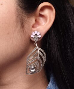 Oxidized Peacock Feather Earrings | Silver Replica Stylish Dangler Unique Jewelry for Girls