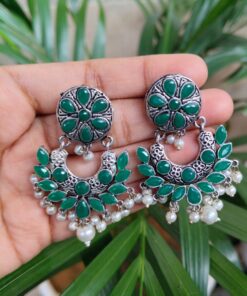 Alternative view of Handcrafted Unique Dangler Earrings | Elegant Traditional Stone & Pearl Detailing Jewelry