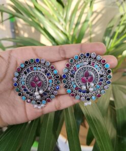 Alternative view of Daily Wear Oxidized Round Stud Earrings | Pearl & Stone Detailing Amazing Earring For Girls