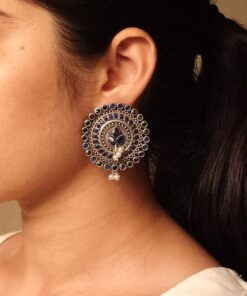 Daily Wear Oxidized Round Stud Earrings | Pearl & Stone Detailing Amazing Earring For Girls