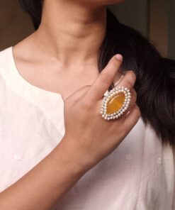 Beautiful Gold Plated Adjustable Ring | Monalisa Stone & Pearl Work Jewelry For Women