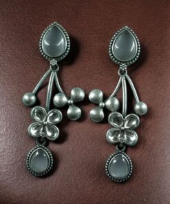 Alternative view of Beautiful Oxidized Flower Earring | Silver Replica Ethnic Stone Work Dangler Jewelry for Girls
