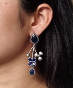 Beautiful Oxidized Flower Earring | Silver Replica Ethnic Stone Work Dangler Jewelry for Girls