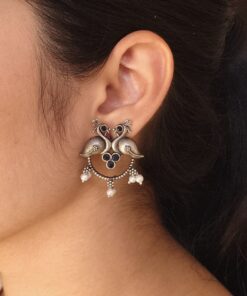 Antique Oxidised Peacock Stud Earrings | Unique Silver Replica Earring