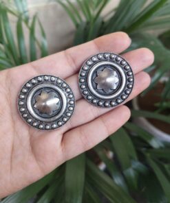 Alternative view of Elegant Round Stud Earrings | Oxidized Silver Replica Jewelry Perfect Gift for Girls