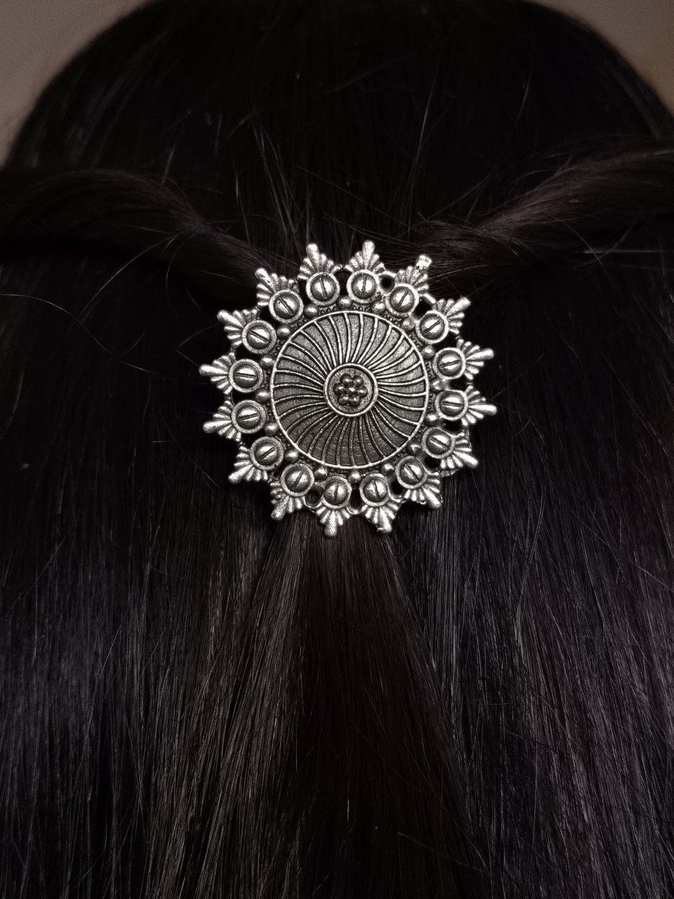 Handcrafted Oxidized Hair Pin | Unique Ethnic Silver Replica Jewelry Design - Image 4