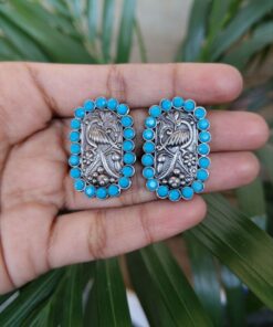 Alternative view of Beautiful Peacock Stud Earrings | Silver Replica Oxidized Stone Jewelry for Daily Wear