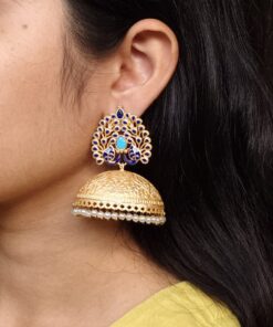 Elegant Meenakari Peacock Jhumka Earrings | Gold Plated Pearl Dangler Ethnic Perfect Jewelry For Girls