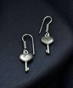 Alternative view of Unique Heart Key Dangler Earrings | Handmade Oxidized German Silver Best Hook Jewelry
