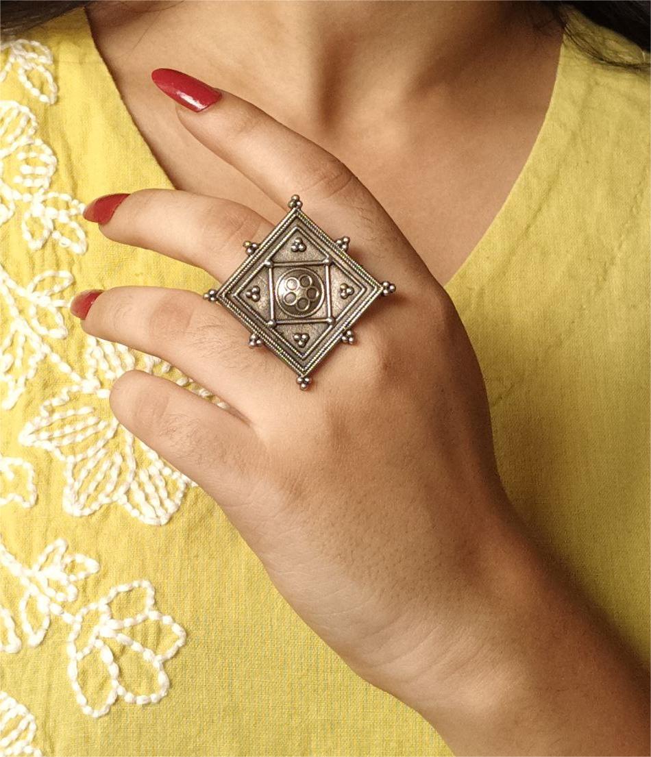 Best Silver Replica Rings | Traditional Square Shape Adjustable Ring For Girls - Image 3