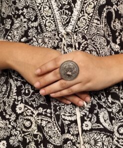 Alternative view of Vintage Style Pearl Work Floral Art Ring | Adjustable Oxidized Silver Replica Best Jewelry for Women