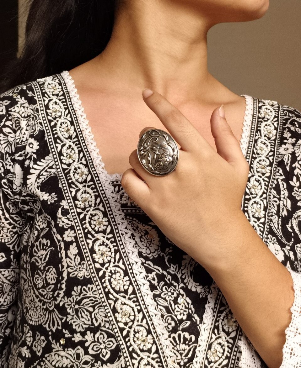 Premium Silver Replica Peacock Ring | Adjustable Oxidized Floral Art Best Designer Jewelry