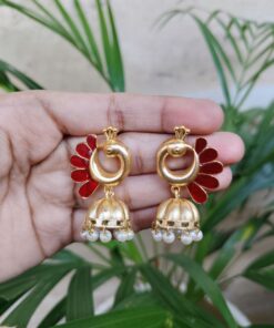 Alternative view of Beautiful Peacock Meenakari Earrings | Gold Plated Jhumki Pearl Ethnic Dangler Jewelry