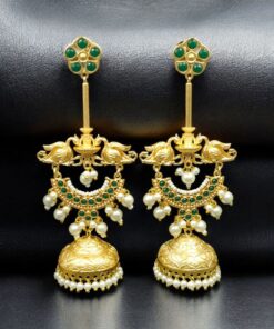 Alternative view of Luxury Kashmiri Jhumka Earrings | Gold Plated Stone & Pearl Work Dangler Traditional Jewelry