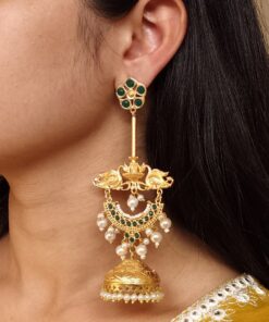 Luxury Kashmiri Jhumka Earrings | Gold Plated Stone & Pearl Work Dangler Traditional Jewelry