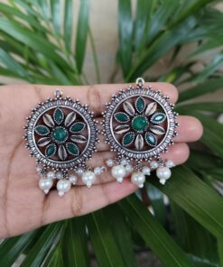 Alternative view of Premium Silver Plated Round Stud Earrings | Stone & Pearl Work Ethnic Best Designer Jewelry For Girls